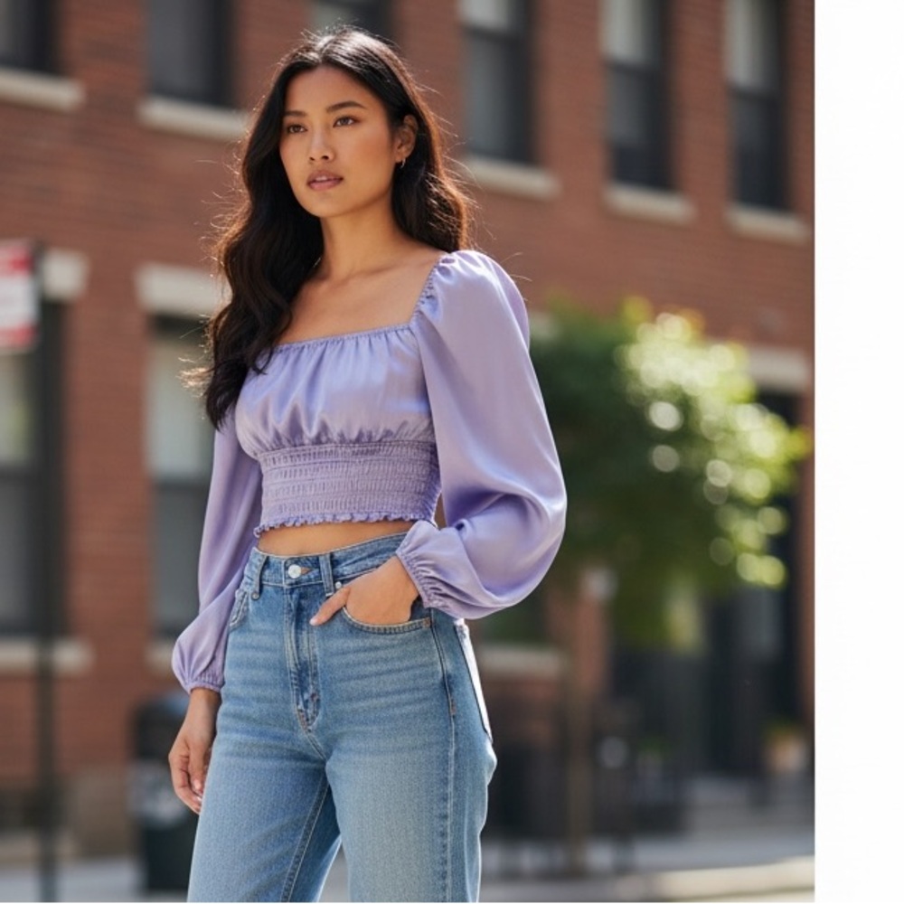 AFRM Lilac Satin Milkmaid Off Shoulder Long Puff Sleeve Smocked Crop Top XS